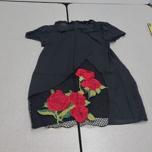 Dikamni Black Floral Lightweight Linen Mesh Panel Dress Size S